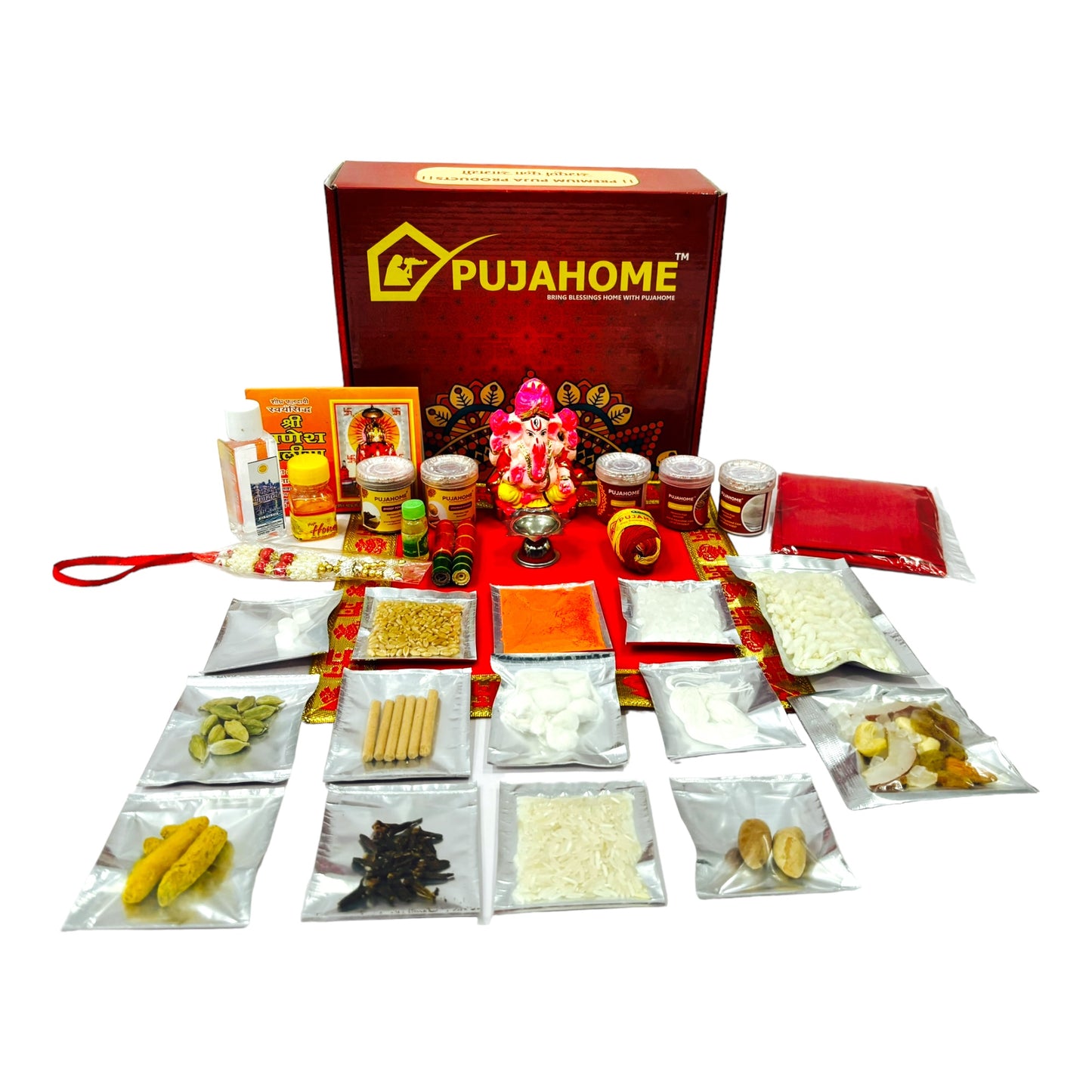 Pujahome Ganesh Puja Samagri Kit for Ganesh Chaturthi With Mitti(Painted Clay) Ganesh Murti(32 items)