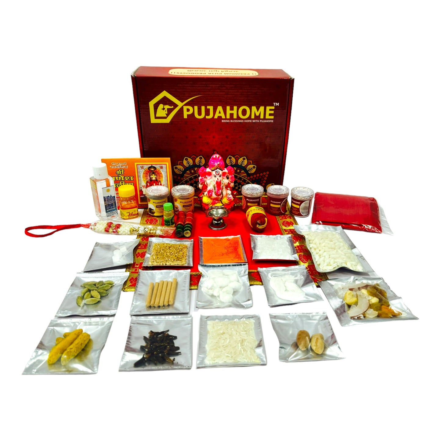 Pujahome Ganesh Puja Samagri Kit for Ganesh Chaturthi With Mitti(Painted Clay) Ganesh Murti(32 items)