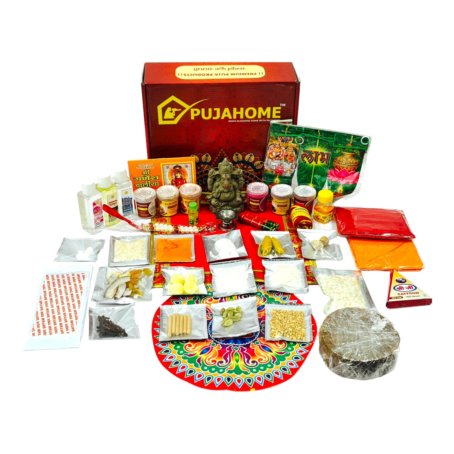 Pujahome Ganesh Puja Samagri Kit for Ganesh Chaturthi With Mitti(Clay) Ganesh Murti(42 items)