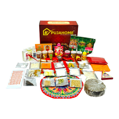 Pujahome Ganesh Puja Samagri Kit for Ganesh Chaturthi With Mitti(Painted Clay) Ganesh Murti(42 items)