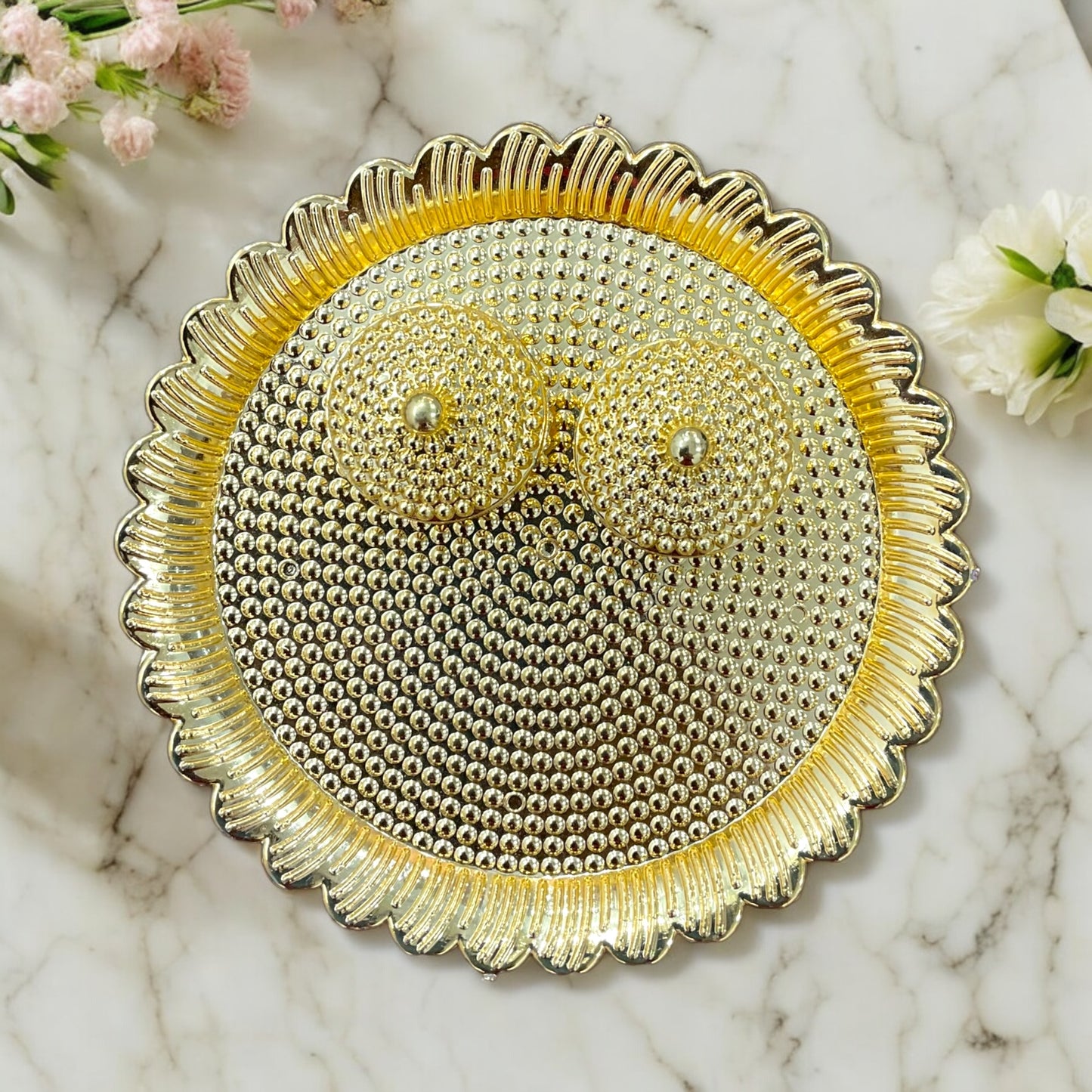 Pujahome Round Gold Kankavathi Plate for Puja With Kumkum and Rice Holder