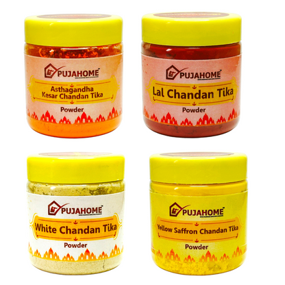 Pujahome Premium Chandan Tika Powder Combo | Pack Of 4 X 50 Gram | Red, White, Yellow and Kesar