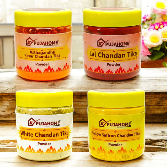 Pujahome Premium Chandan Tika Powder Combo | Pack Of 4 X 50 Gram | Red, White, Yellow and Kesar