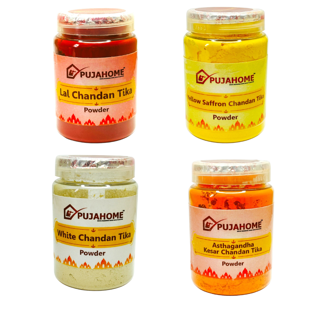 Pujahome Premium Chandan Tika Powder Combo | Pack Of 4 X 100Gram | Red, White, Yellow and Kesar