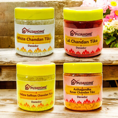 Pujahome Premium Chandan Tika Danedar Combo | Pack Of 4 X 100Gram | Red, White, Yellow and Kesar