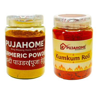 Pujahome Natural & Pure kumkum (Roli) & Halid for Puja and Tilak (Combo Haldi + Kumkum) Pack of 100grm x 2