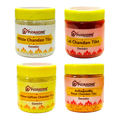 Pujahome Premium Chandan Tika Danedar Combo | Pack Of 4 X 100Gram | Red, White, Yellow and Kesar