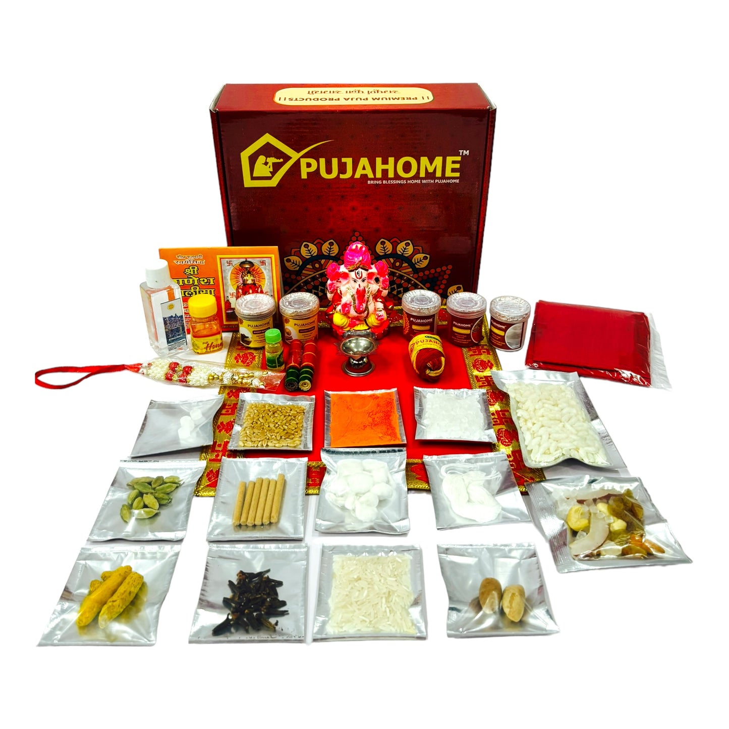 Pujahome Ganesh Puja Samagri Kit for Ganesh Chaturthi With Mitti(Painted Clay) Ganesh Murti(32 items)