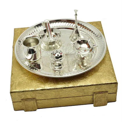 Pujahome Silver Plated Brass Pooja Thali Silver Colour with  Golden Box (7 PEC. Silver)