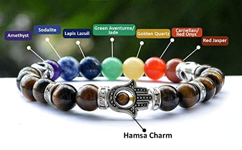 Pujahome Tiger Eye Bracelet, 7 Chakra Bracelet, Combination Bracelet, Crystal Bracelet 8 mm Stone Bracelet with Hamsa Charm Bracelet (Color : Multi)