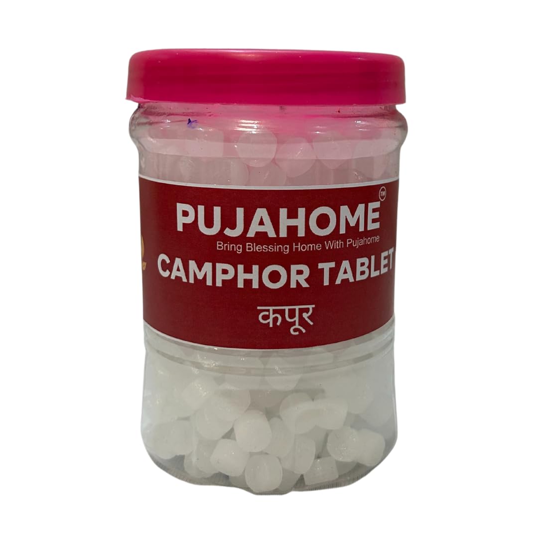 Pujahome Premium Camphor Tablets | Kapur | Kapoor | Kapooram Tablets for Puja, Aarti, Havan, Meditation, Yoga Kapoor Dani, Diffuser, Air Purifier (200g)