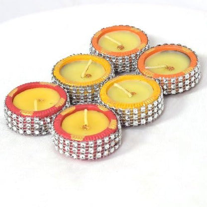 Pujahome Diwali Diya Set - Designer Waxed Filled Diya for Diwali Decoration Combo Pack - Diwali Decoration Items for Home Decor (Set of 6, Wax Filled)