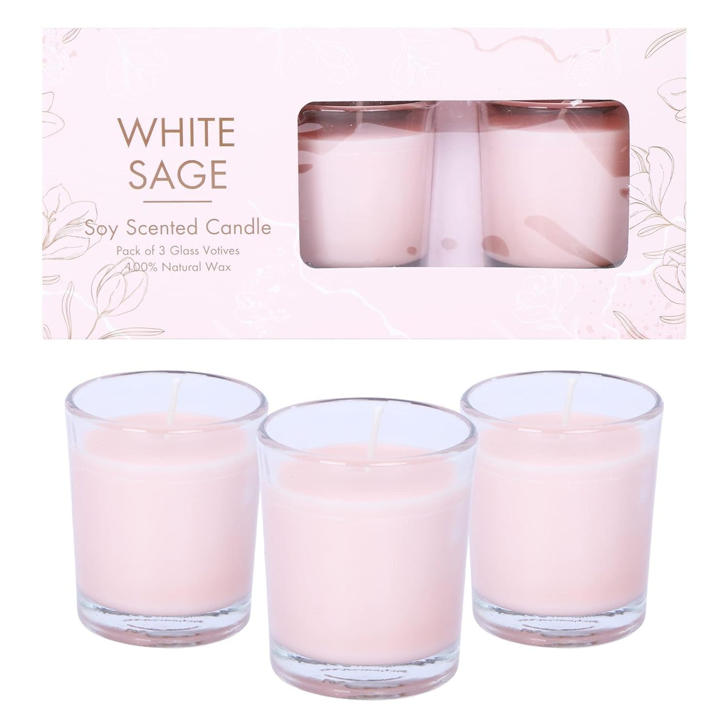 Pujahome Candles Scented Votive Glass Candles Set of 3, 100% Natural Soy Wax (White SAGE)