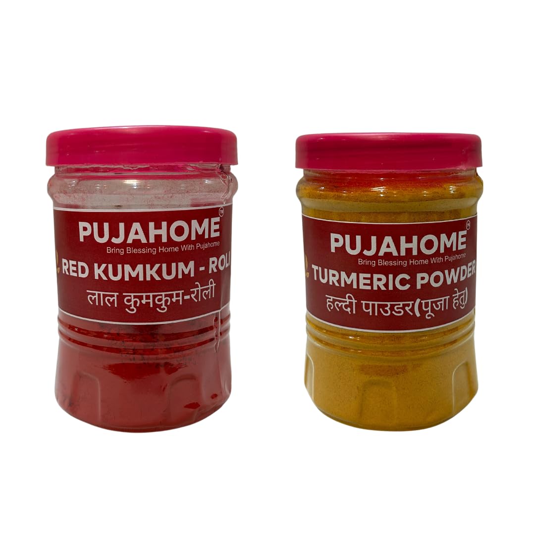 Pujahome Natural & Pure kumkum (Roli) & Halid for Puja and Tilak (Combo Haldi + Kumkum) Pack of 100grms x 2
