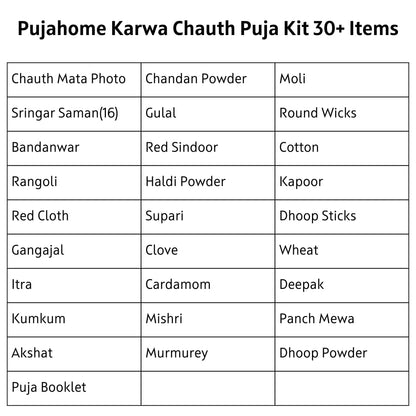Pujahome Karwa Chauth Puja Samagri Kit with Thali Set and NavShringaar Saman (30+ Items) + Thali Set(6Pc Set - Satiya Design)