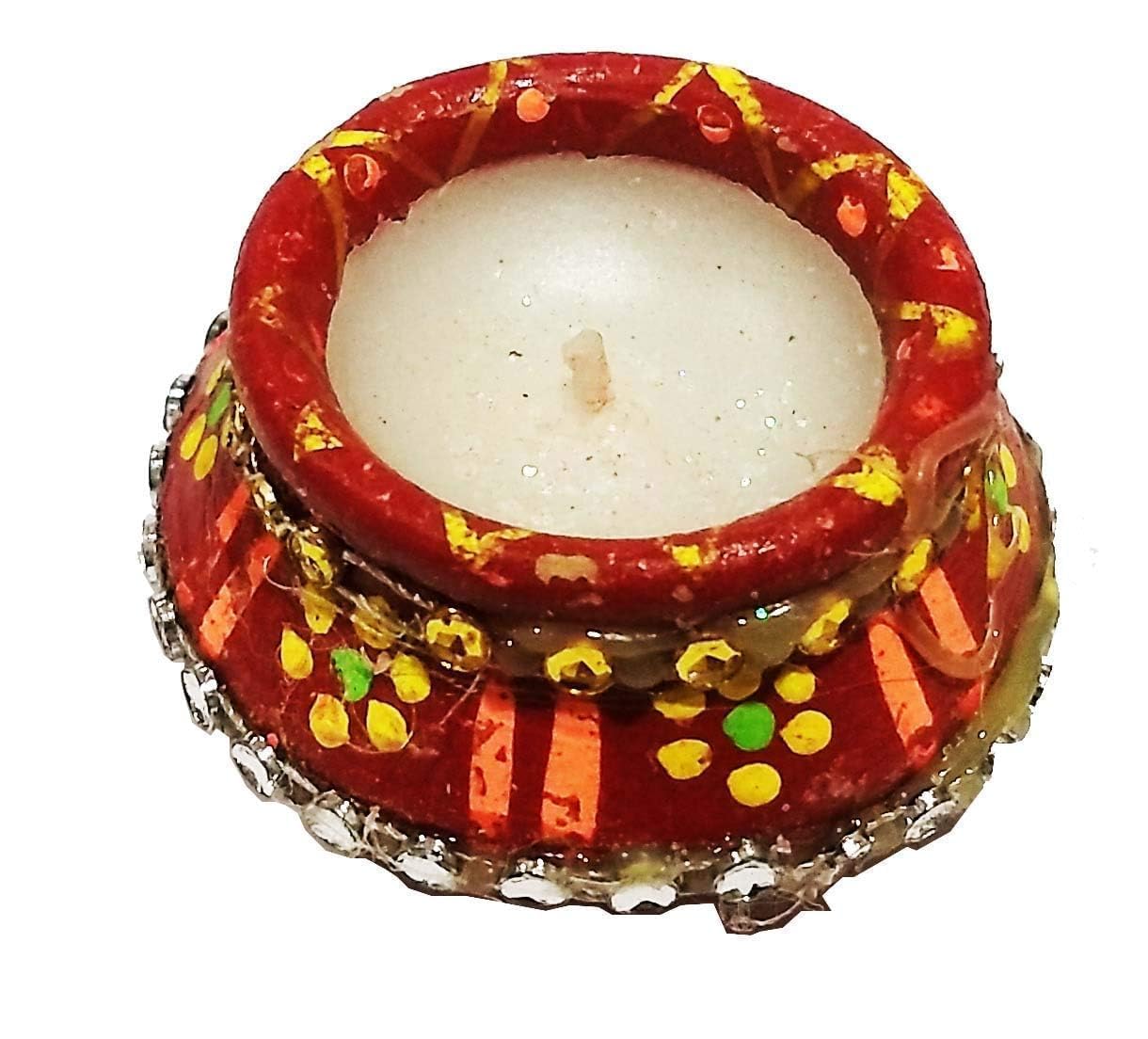 Pujahome Multicolored Mitti Diya for Diwali | Terracotta matki Diya with Wax Filled | Matki Diya with Wax Filled (Set of 12) | Diya for Puja | Designer Diye | Mitti Ke Deepak Candle