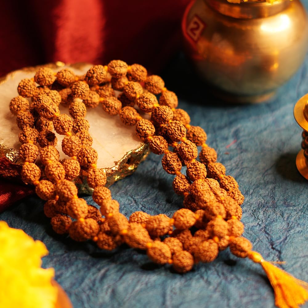 Pujahome Certified Original Rudraksha Mala (Brown, 9-10mm) with Certificate for Wearing and Japa Mala (5 Mukhi Mala, 108 Beads Mala Rosary Garland)