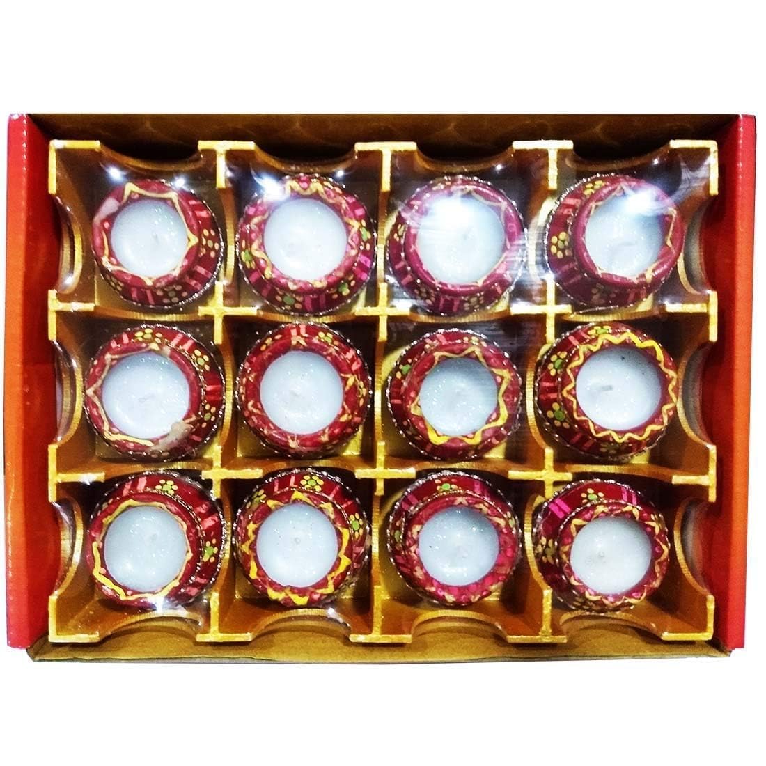 Pujahome Multicolored Mitti Diya for Diwali | Terracotta matki Diya with Wax Filled | Matki Diya with Wax Filled (Set of 12) | Diya for Puja | Designer Diye | Mitti Ke Deepak Candle