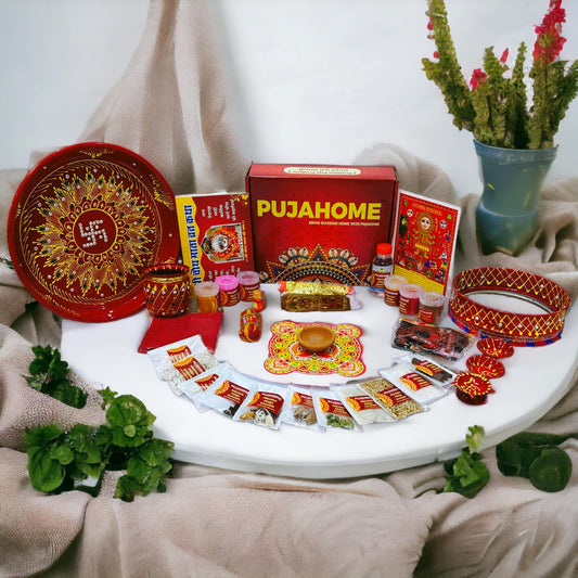 Pujahome Karwa Chauth Puja Samagri Kit with Thali Set and NavShringaar Saman (30+ Items) + Thali Set(6Pc Set - Satiya Design)