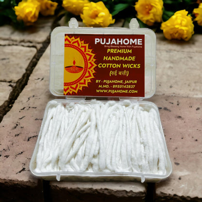 Pujahome Long Cotton Wicks/Diya Batti for Pooja, Diwali Puja, Diwali Deepak, Colour - White, Length - 3.5 Inches 50 Grms(Box Pack)